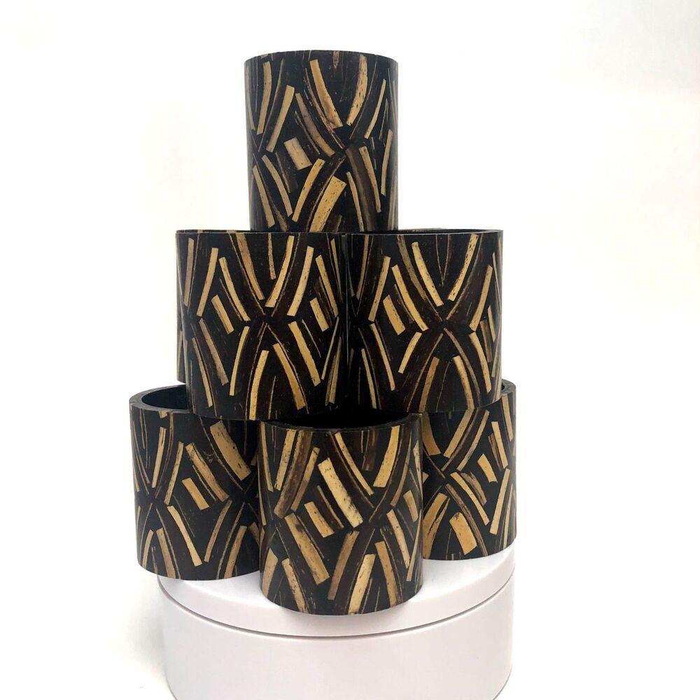 Vintage Pier 1 Napkin Rings Set 10 Wood Inlay Tribal Geometric Boho